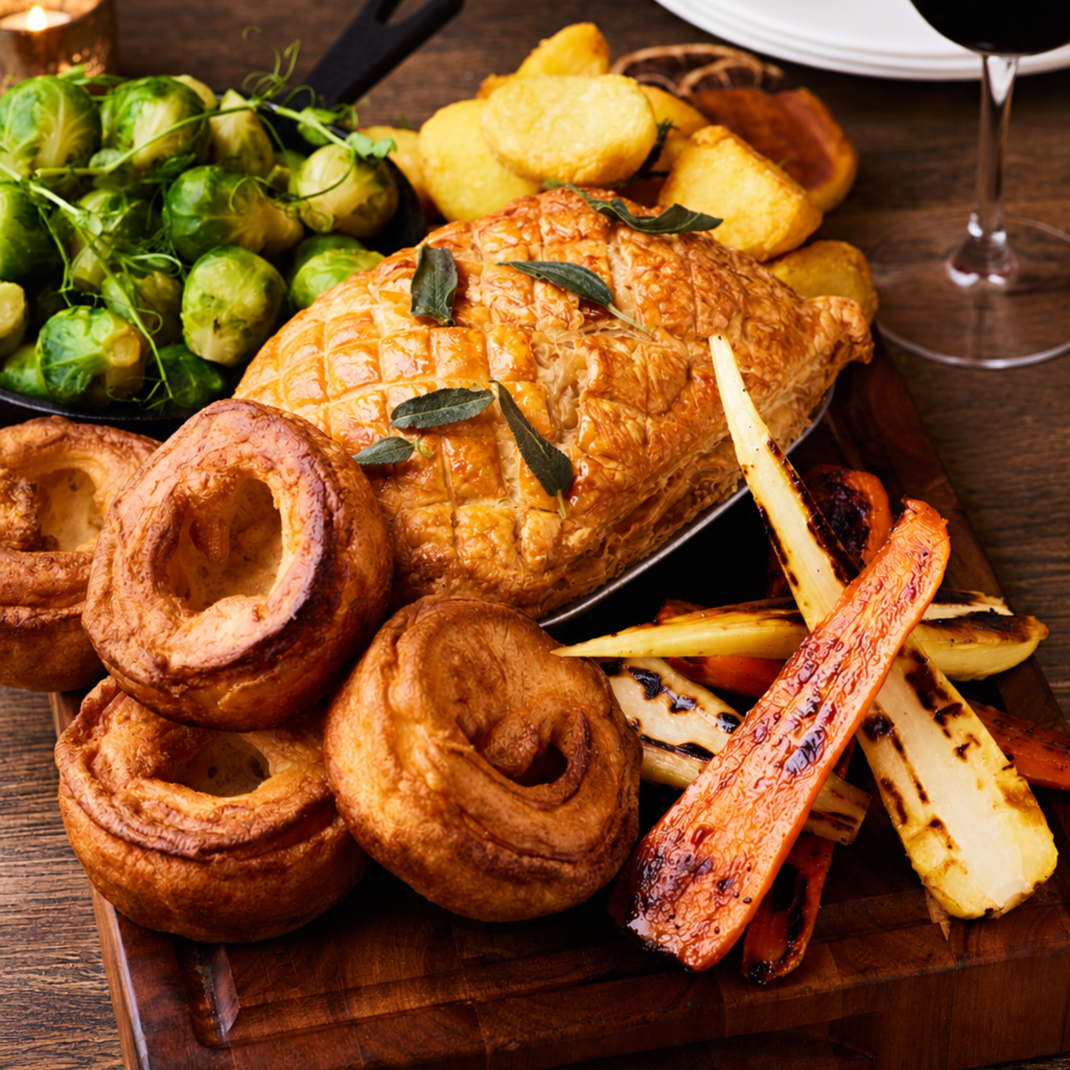 Vegan sharing roast with Yorkshire puddings, sprouts and parsnips